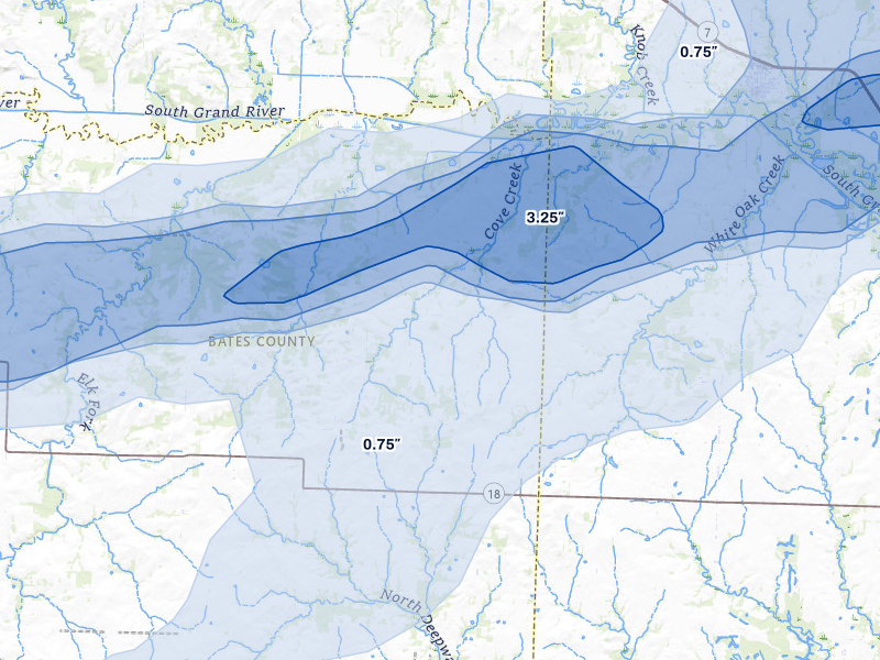 NEXRAD radar-signature map of the hail storm over Urich, MO on Apr 27, 2026