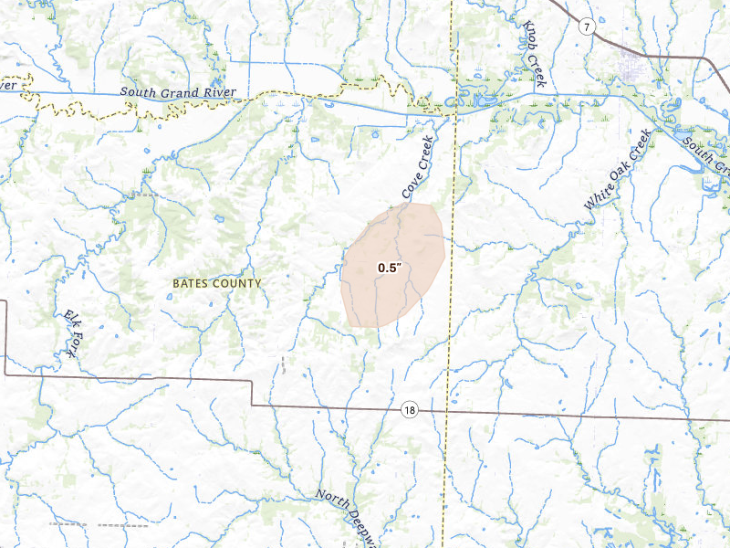 Radar-estimated hail-size map of the storm over Urich, MO on Jul 4, 2026