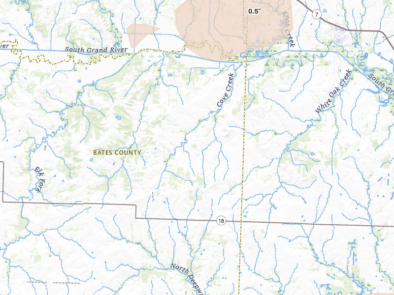 Radar-estimated hail-size map of the storm over Urich, MO on Jul 8, 2026