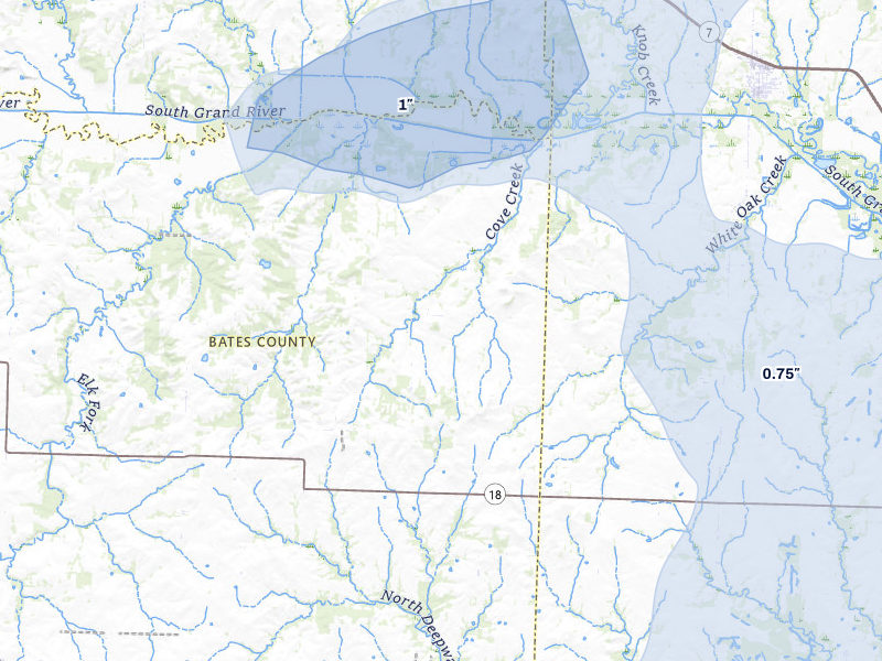 NEXRAD radar-signature map of the hail storm over Urich, MO on Jul 8, 2026