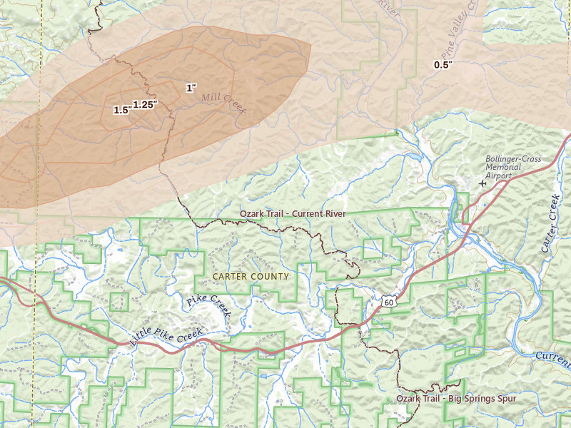 Radar-estimated hail-size map of the storm over Van Buren, MO