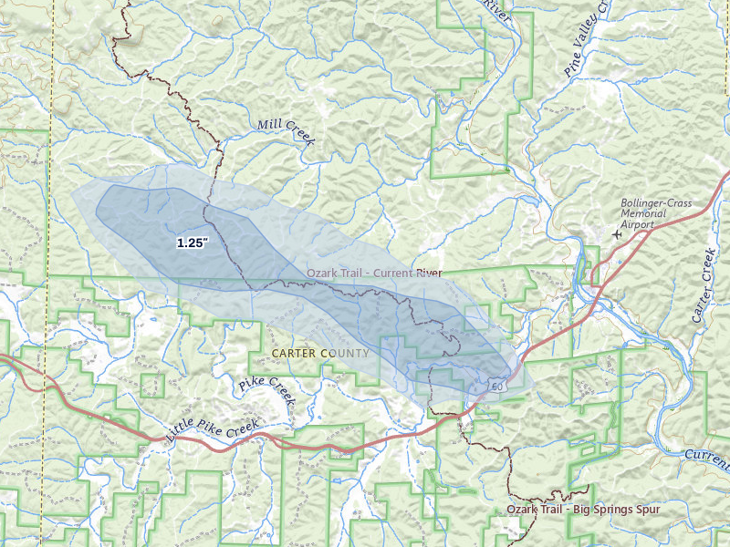 NEXRAD radar-signature map of the hail storm over Van Buren, MO on Apr 28, 2026