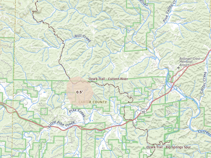 Radar-estimated hail-size map of the storm over Van Buren, MO on Jul 6, 2026