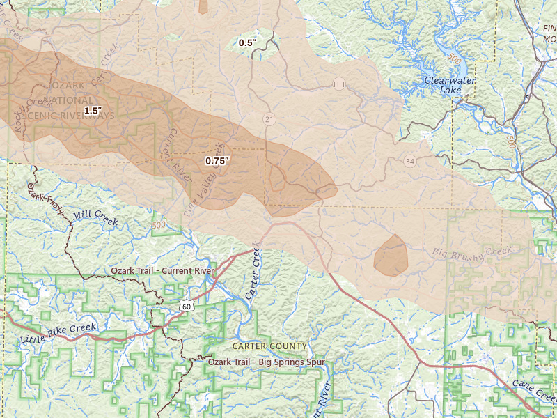 Radar-estimated hail-size map of the storm over Van Buren, MO on Aug 19, 2026