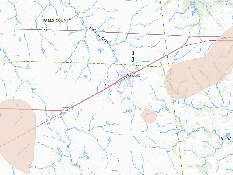 Radar-estimated hail-size map of the storm over Vandalia, MO on Apr 26, 2026