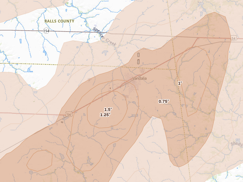 Radar-estimated hail-size map of the storm over Vandalia, MO on Apr 27, 2026