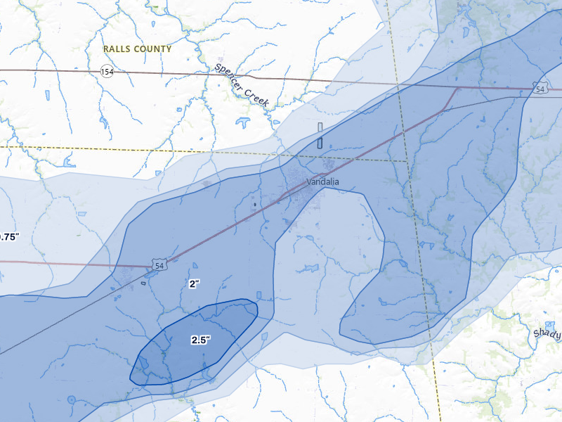 NEXRAD radar-signature map of the hail over Vandalia, MO