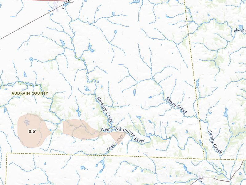 Radar-estimated hail-size map of the storm over Vandalia, MO on Aug 12, 2026