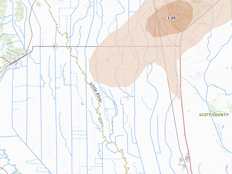 Radar-estimated hail-size map of the storm over Vanduser, MO on Apr 26, 2026