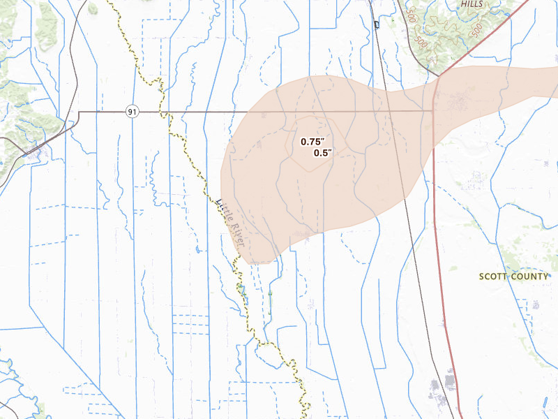 Radar-estimated hail-size map of the storm over Vanduser, MO on Jun 13, 2026