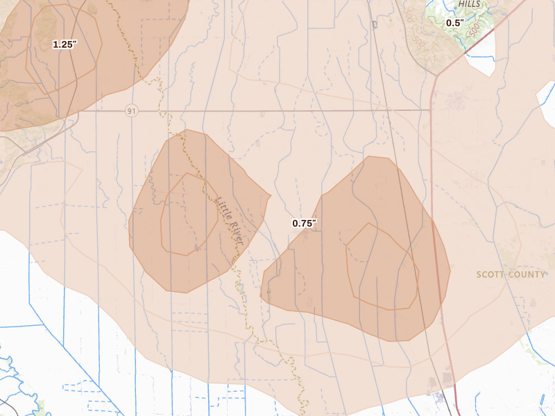 Radar-estimated hail-size map of the storm over Vanduser, MO on Aug 19, 2026