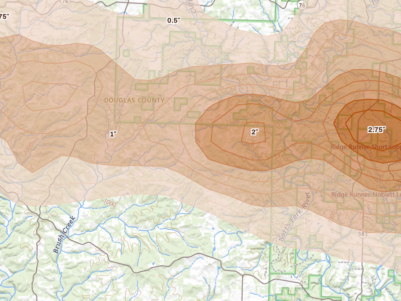Radar-estimated hail-size map of the storm over Vanzant, MO on Apr 27, 2026