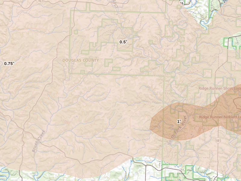 Radar-estimated hail-size map of the storm over Vanzant, MO on Apr 28, 2026