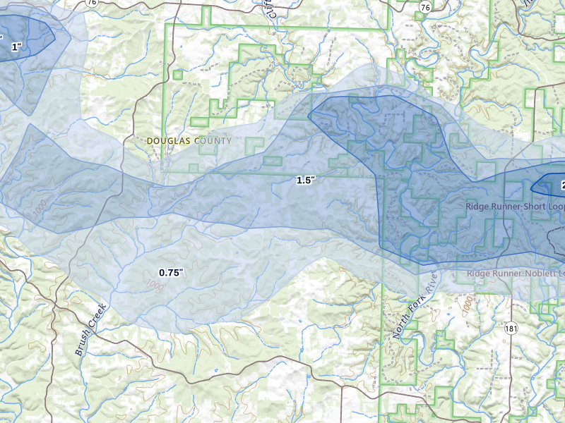 NEXRAD radar-signature map of the hail storm over Vanzant, MO on Apr 28, 2026