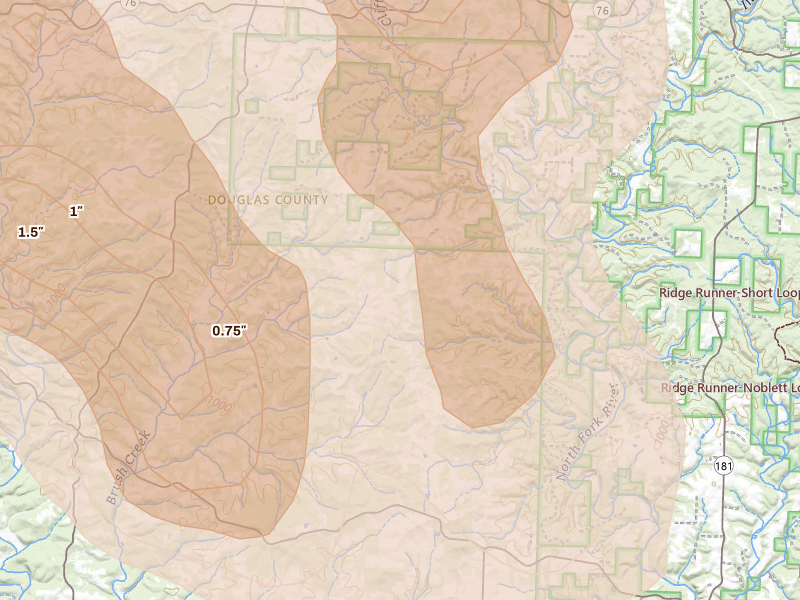 Radar-estimated hail-size map of the storm over Vanzant, MO on Jun 1, 2026