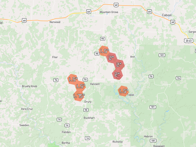 Hail map of Vanzant, MO on Jun 1, 2026, hail up to 2"