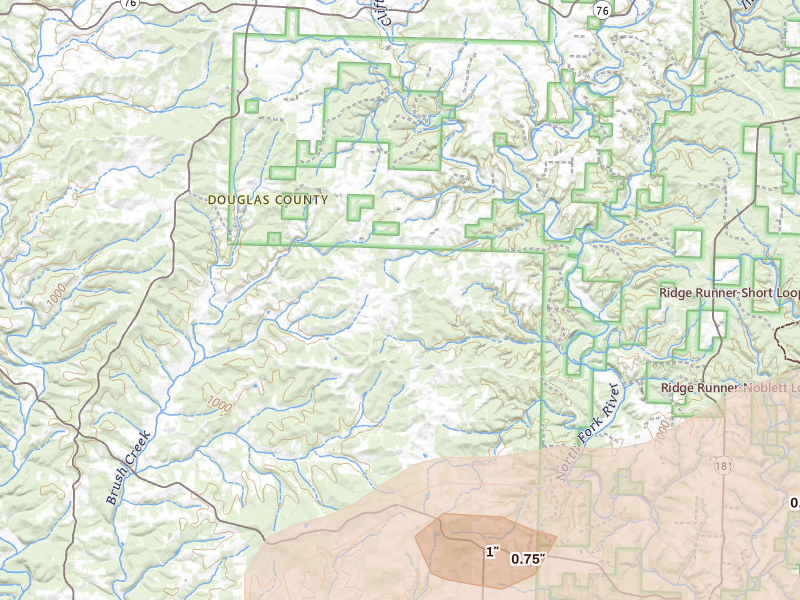 Radar-estimated hail-size map of the storm over Vanzant, MO on Jul 10, 2026