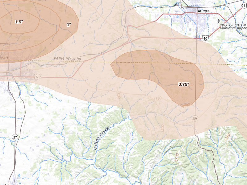 Radar-estimated hail-size map of the storm over Verona, MO on Apr 26, 2026
