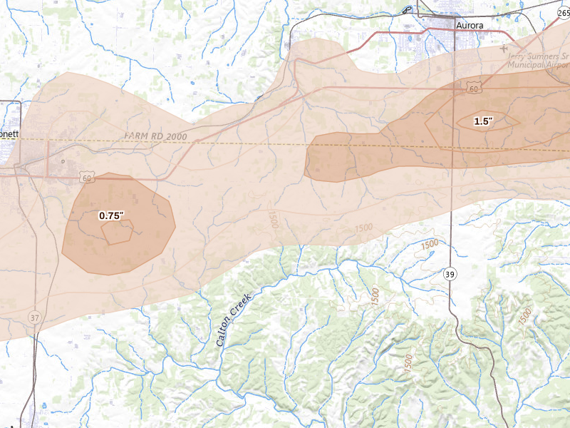 Radar-estimated hail-size map of the storm over Verona, MO on Apr 27, 2026