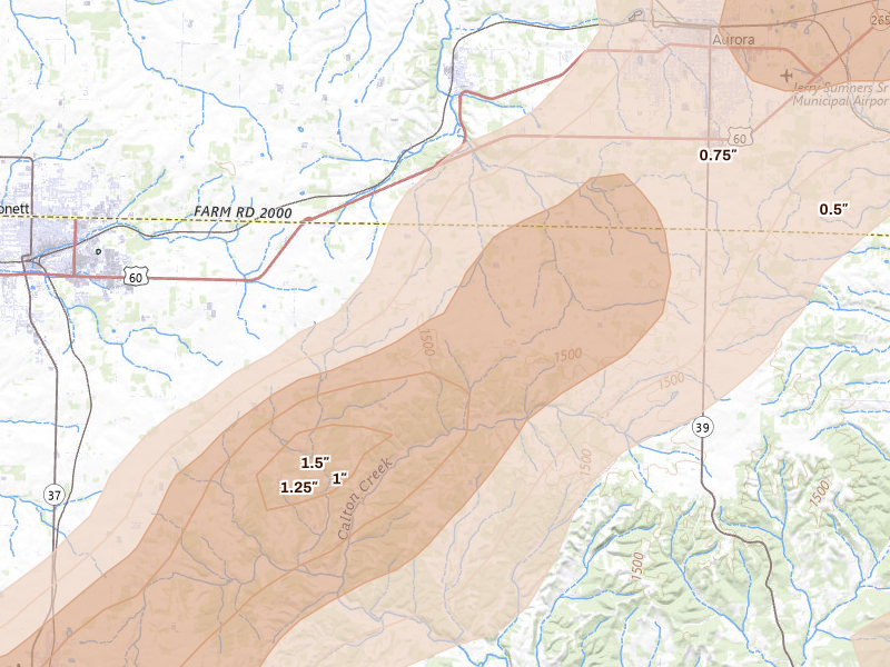 Radar-estimated hail-size map of the storm over Verona, MO on Apr 28, 2026