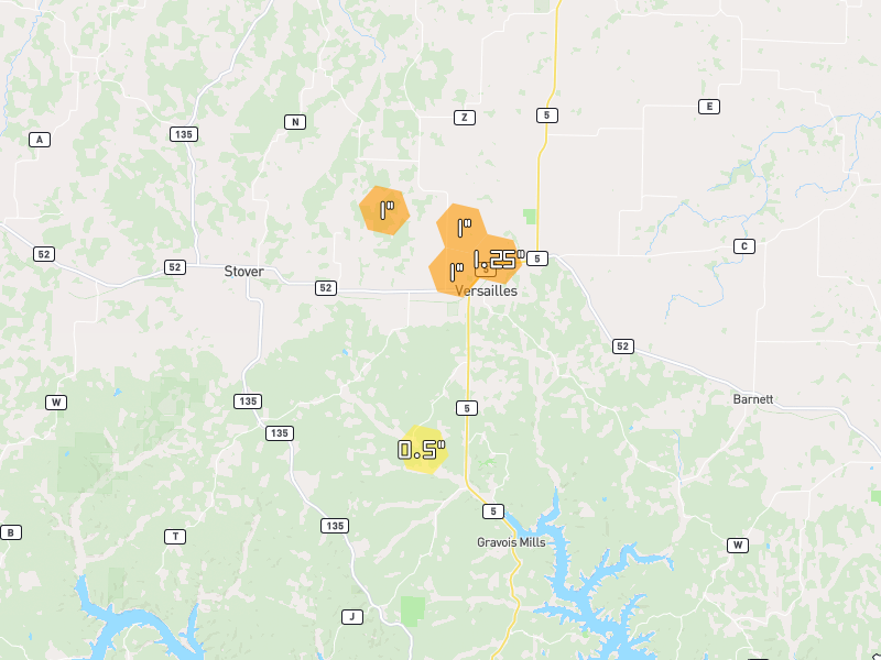 Hail map of Versailles, MO on Jul 4, 2026, hail up to 1.25"