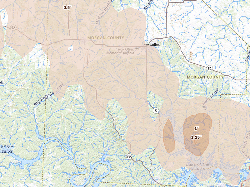 Radar-estimated hail-size map of the storm over Versailles, MO on Aug 18, 2026