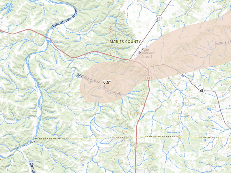 Radar-estimated hail-size map of the storm over Vichy, MO on Apr 27, 2026