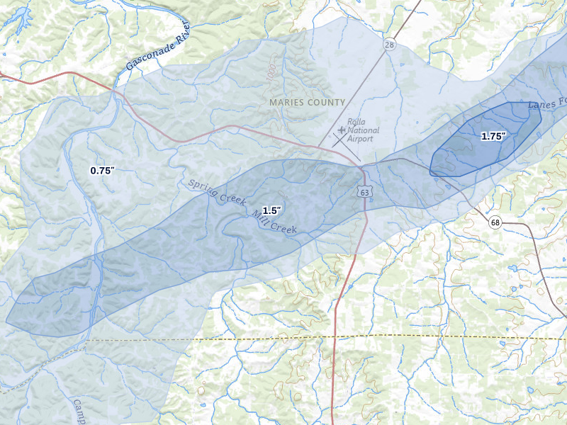 NEXRAD radar-signature map of the hail storm over Vichy, MO on Apr 27, 2026