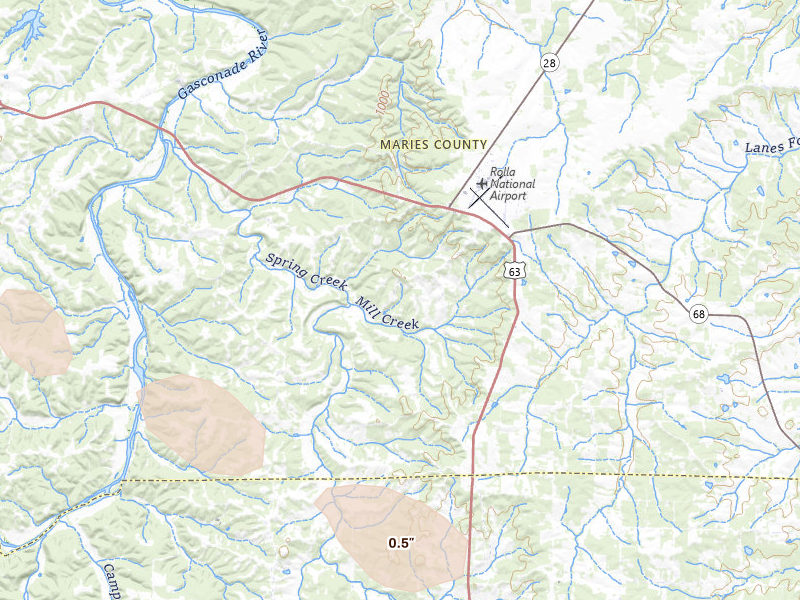 Radar-estimated hail-size map of the storm over Vichy, MO on Jul 10, 2026