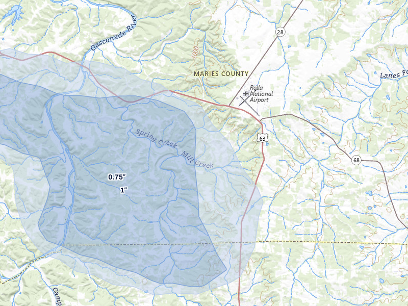 NEXRAD radar-signature map of the hail storm over Vichy, MO on Jul 10, 2026