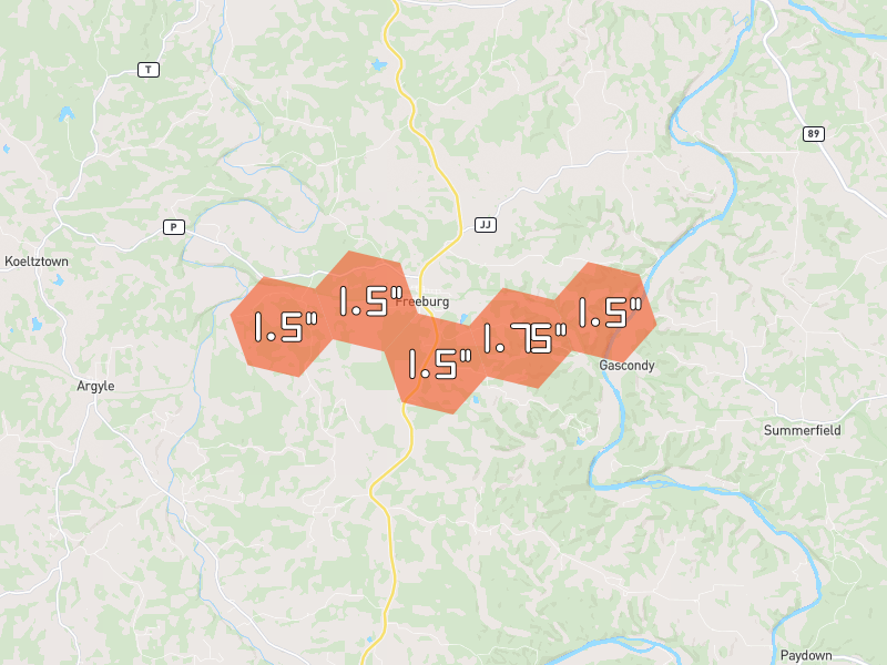 Hail map of Vienna, MO on Jun 1, 2026, hail up to 1.75"
