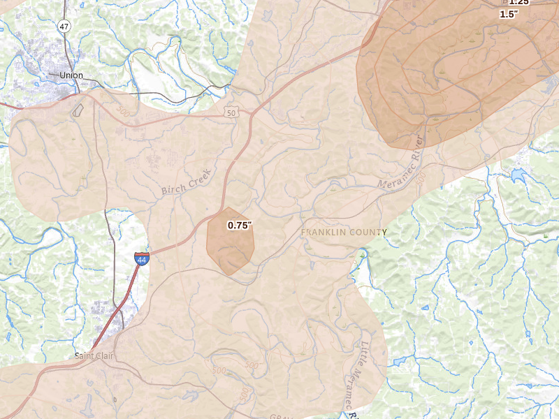 Radar-estimated hail-size map of the storm over Villa Ridge, MO on Apr 27, 2026