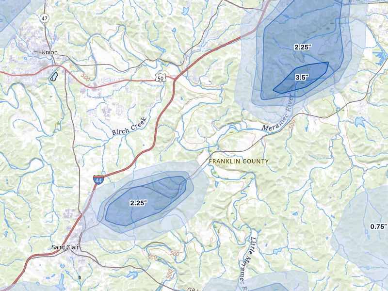 NEXRAD radar-signature map of the hail over Villa Ridge, MO