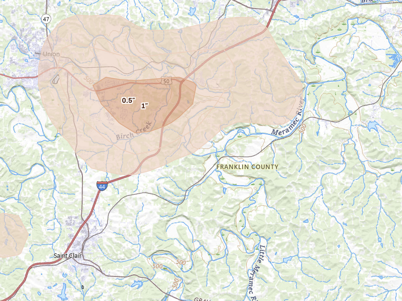 Radar-estimated hail-size map of the storm over Villa Ridge, MO on Jul 4, 2026
