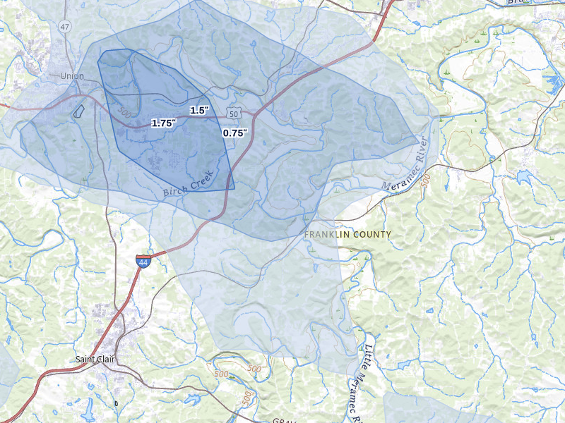NEXRAD radar-signature map of the hail over Villa Ridge, MO