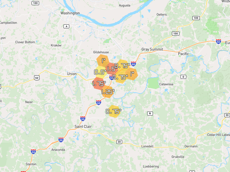 Hail map of Villa Ridge, MO on Jul 4, 2026, hail up to 1.75"
