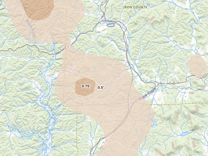 Radar-estimated hail-size map of the storm over Vulcan, MO on May 31, 2026