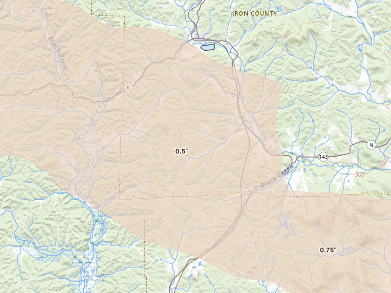 Radar-estimated hail-size map of the storm over Vulcan, MO on Jul 9, 2026