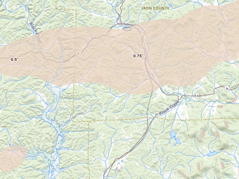 Radar-estimated hail-size map of the storm over Vulcan, MO on Aug 19, 2026