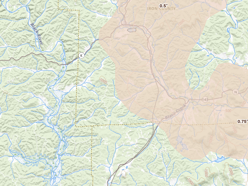 Radar-estimated hail-size map of the storm over Vulcan, MO on Aug 25, 2026