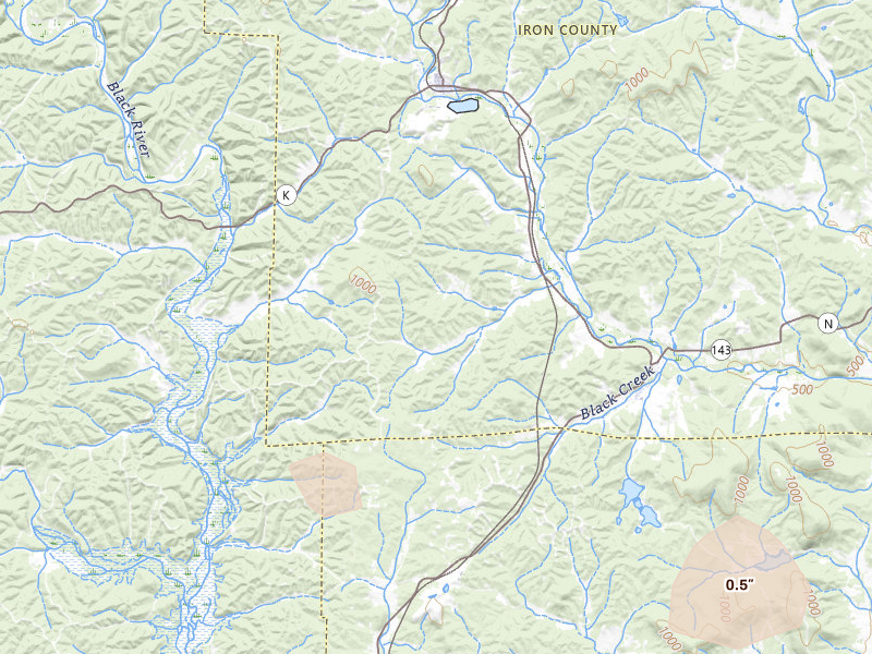 Radar-estimated hail-size map of the storm over Vulcan, MO on Aug 26, 2026