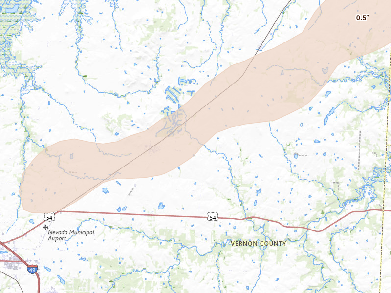 Radar-estimated hail-size map of the storm over Walker, MO on Apr 17, 2026
