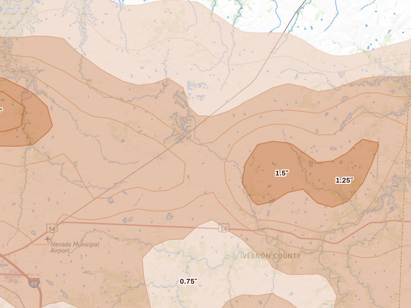 Radar-estimated hail-size map of the storm over Walker, MO on Apr 26, 2026