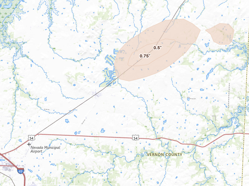 Radar-estimated hail-size map of the storm over Walker, MO on May 23, 2026
