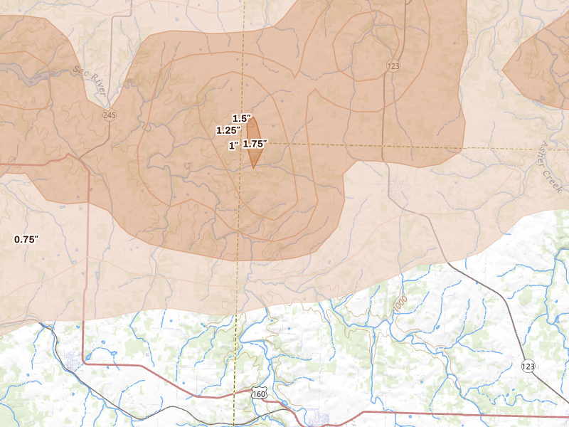 Radar-estimated hail-size map of the storm over Walnut Grove, MO on Apr 26, 2026