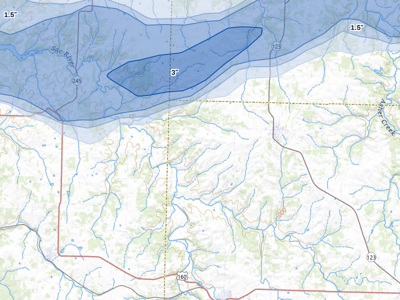 NEXRAD radar-signature map of the hail storm over Walnut Grove, MO on Apr 26, 2026