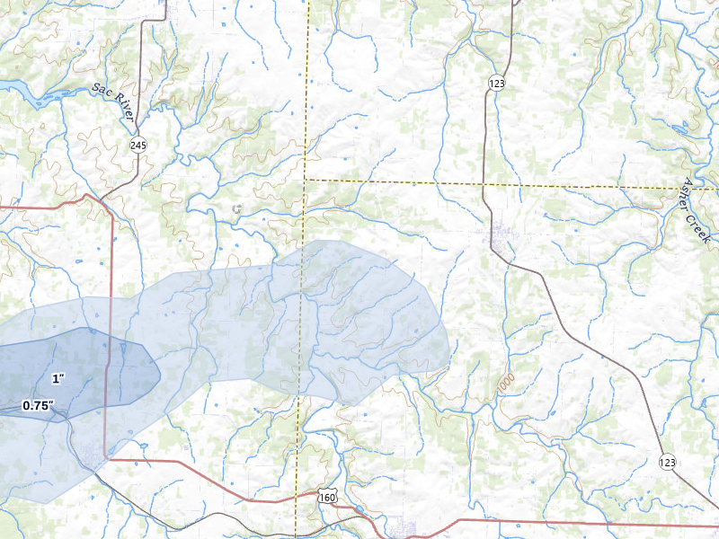 NEXRAD radar-signature map of the hail storm over Walnut Grove, MO on Apr 28, 2026