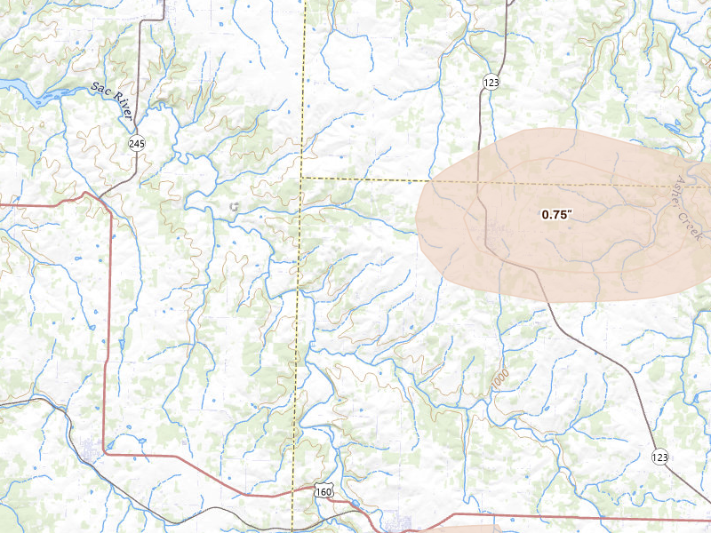 Radar-estimated hail-size map of the storm over Walnut Grove, MO on Jun 25, 2026