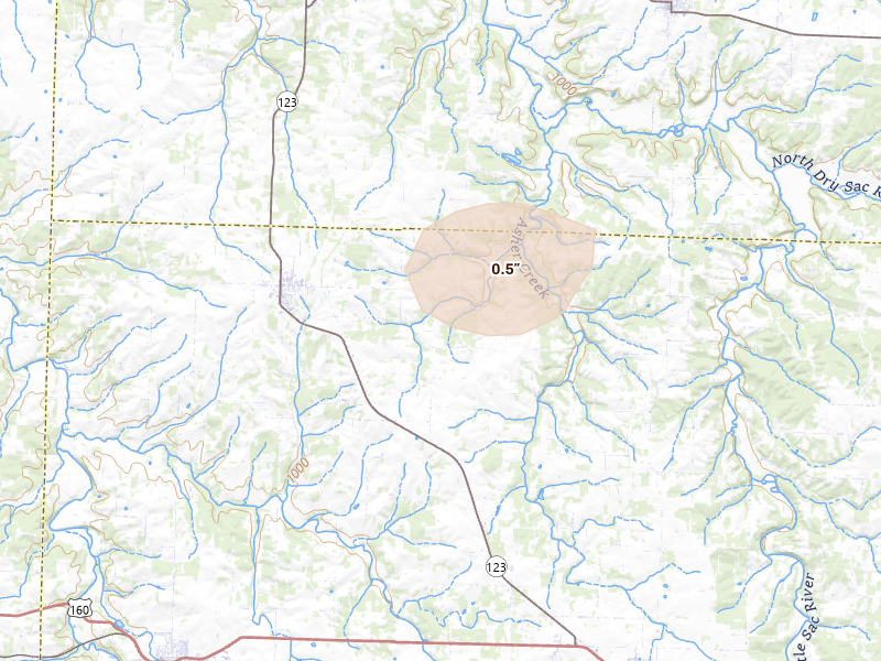 Radar-estimated hail-size map of the storm over Walnut Grove, MO on Aug 7, 2026