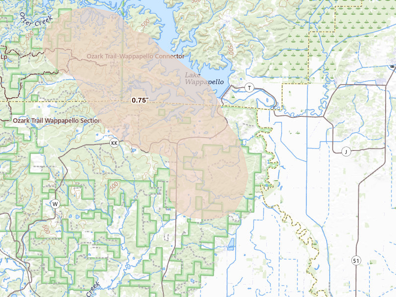 Radar-estimated hail-size map of the storm over Wappapello, MO on May 31, 2026